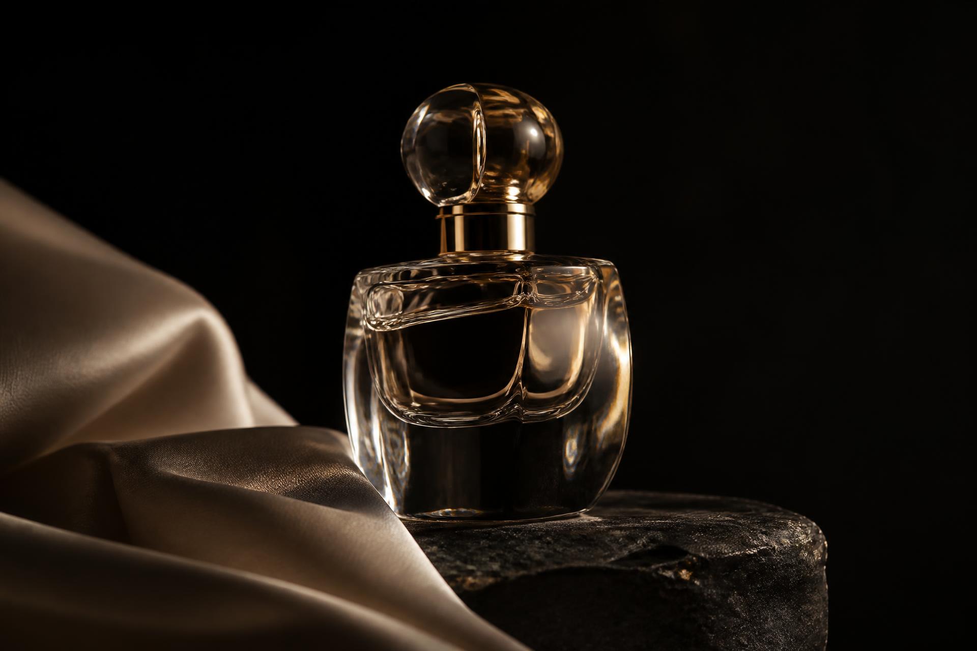 Frasco de perfumaria de nicho em vidro sobre pedra escura, iluminado por uma única fonte de luz