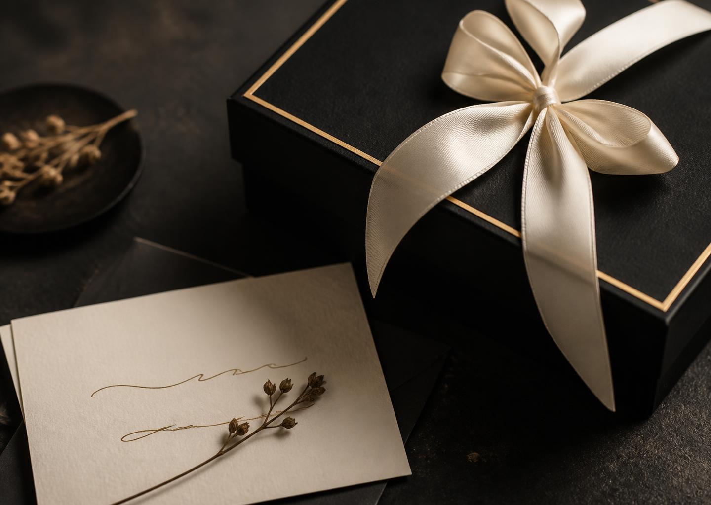 Caixa preta com fio dourado, fita marfim e cartão personalizado da Lumé